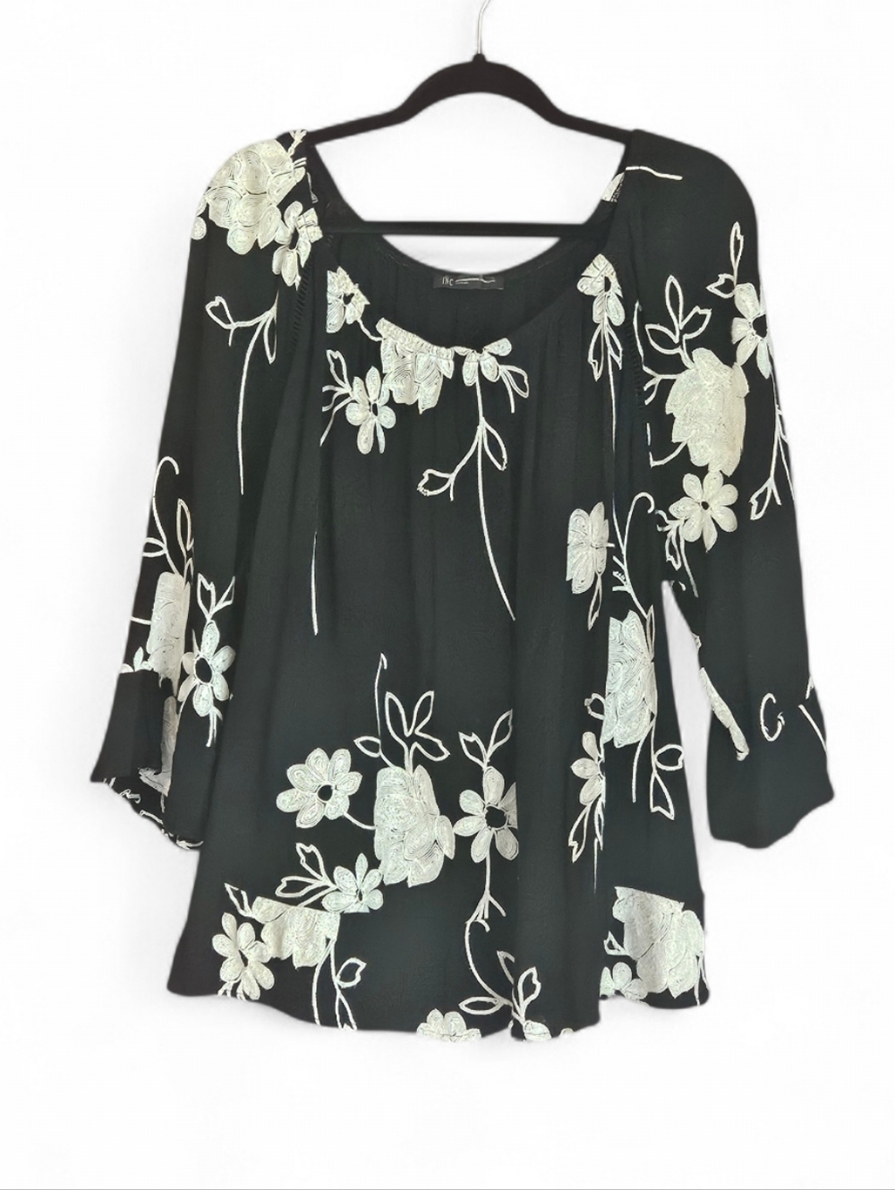 ​INC International Concepts Black Floral Embroidered Peasant Blouse Size L